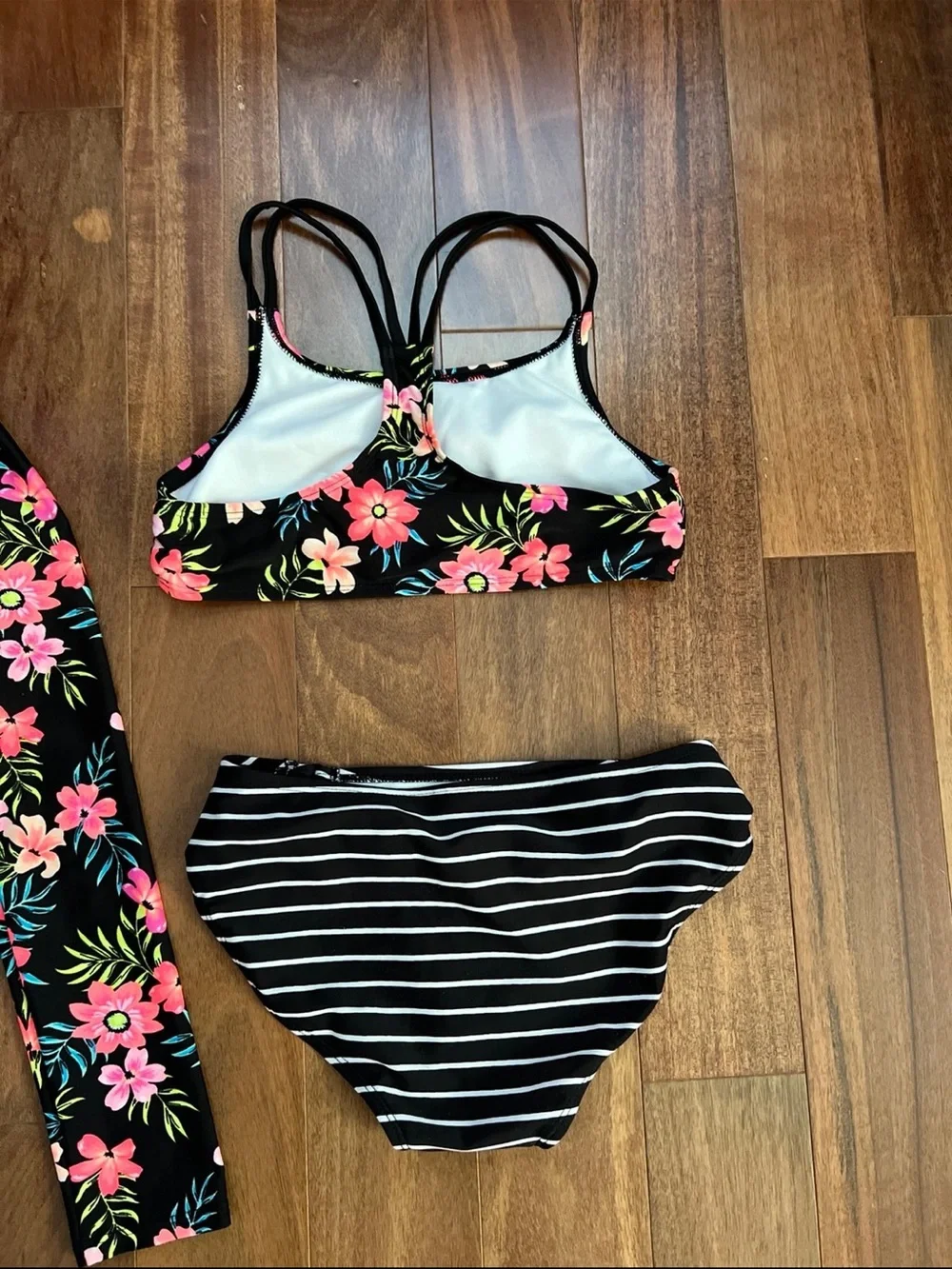 art class Black Rash Guard Swim Set with Pink Floral Sleeves & Striped Bottoms